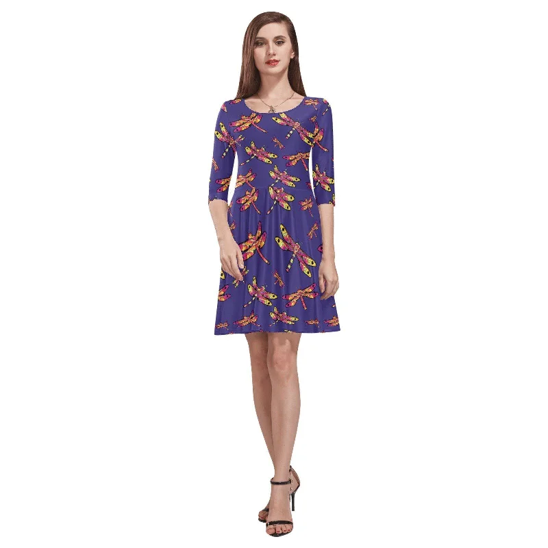 Gathering Purple Tethys Half-Sleeve Skater Dress Tunics Plaid country