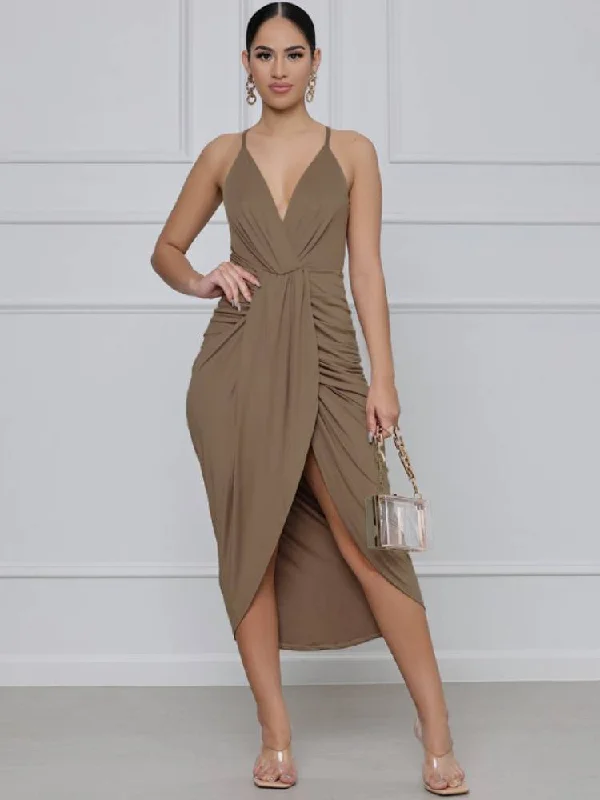 Spaghetti Strap Backless Ruched Mini Dresses Comfortable Fit-and-Flare Mini Dress