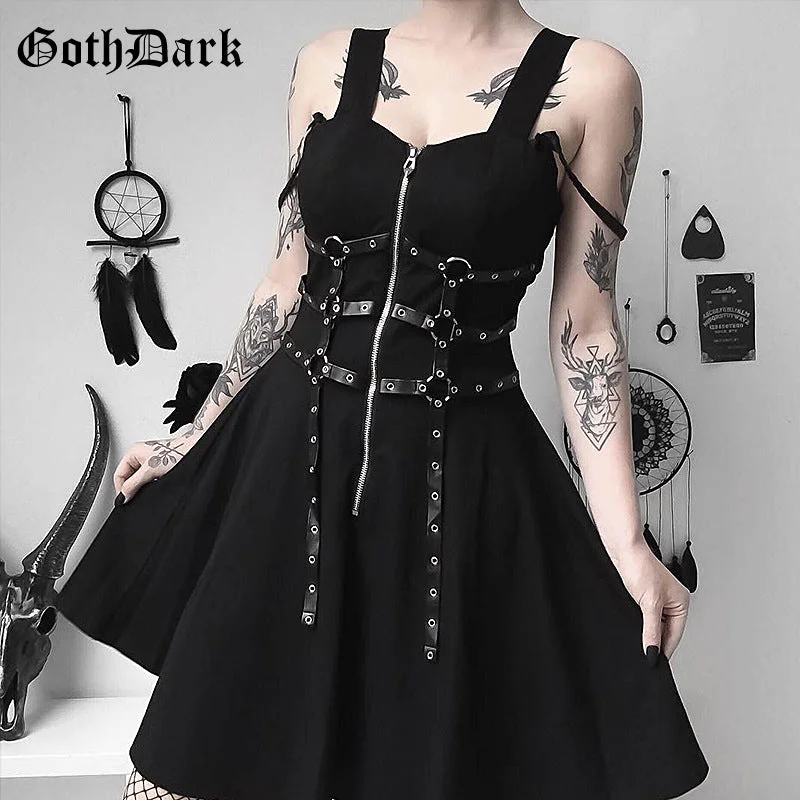 Gothic women's dress eyelet web zipper harajuku black mini dresses grunge Summer 2019 sleeveless backless a-line sexy punk rock Elegant Silk Mini Dress