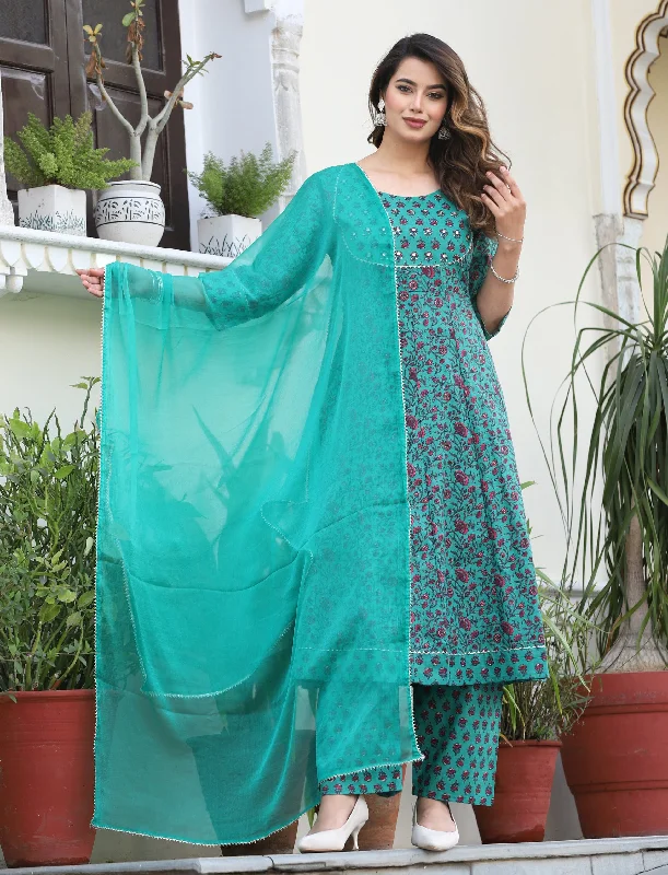 Women's Anarkali Cotton Printed Kurta With Pants And Dupatta - Singni Casual Wide Pants