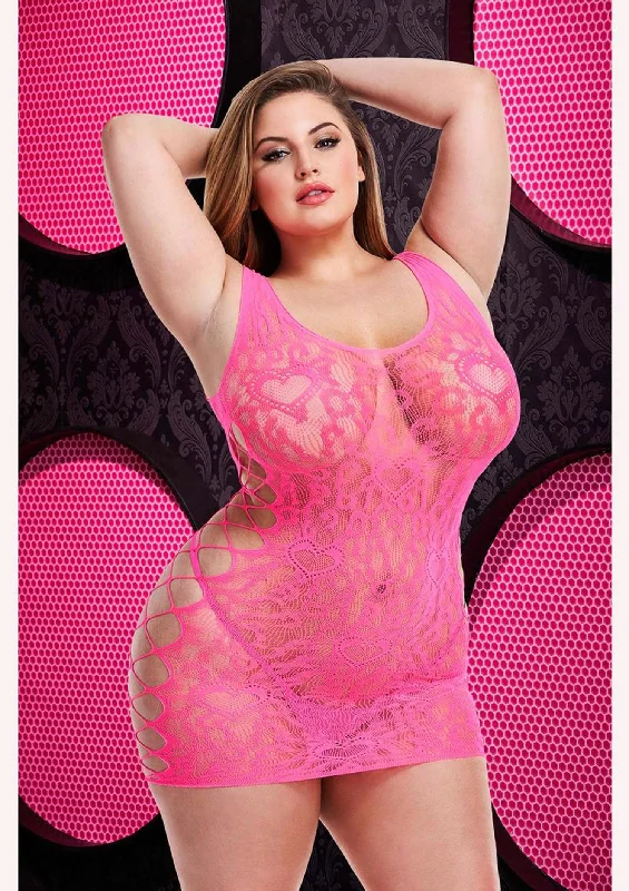 Leopard Lace Mini Dress in Pink Curvy Size Stylish Sweetheart Neck Mini Dress