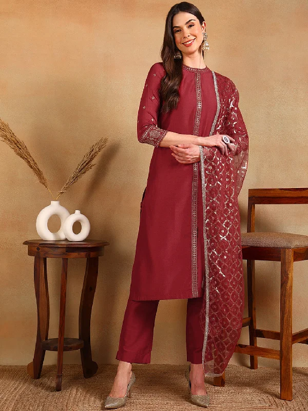 Women's Red Silk Blend Embroidered Straight Kurta Pant Set With Dupatta - Ahika Classic Stretch Pants