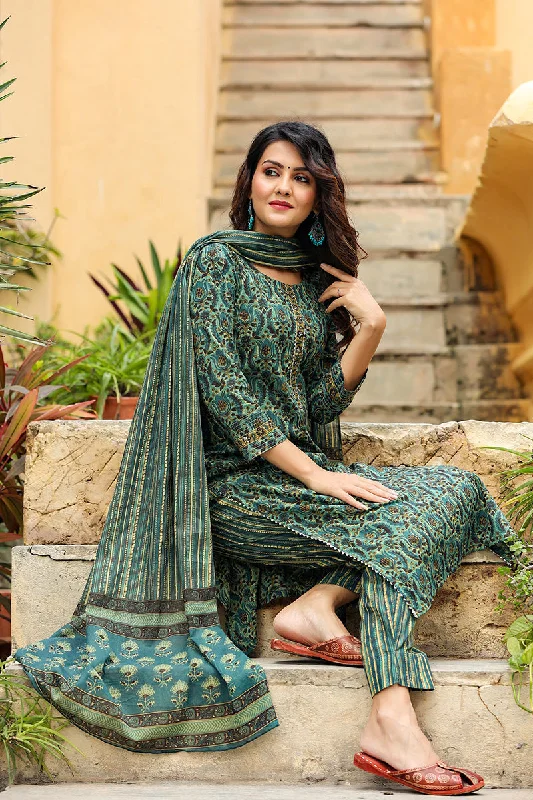Women's Cotton Blend Printed Kurta Pant Dupatta Set - Ahika Casual Track Pants