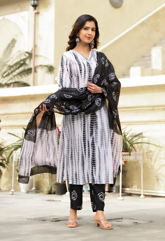 Women's Balck And White Printed Viscose Rayon Kurta, Pant And Dupatta Set - Alvami Stretch Fit Pants