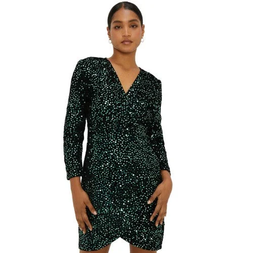 Dorothy Perkins Womens/Ladies Sequin Velvet Wrap Long-Sleeved Mini Dress Fashionable Lace-Trim Mini Dress