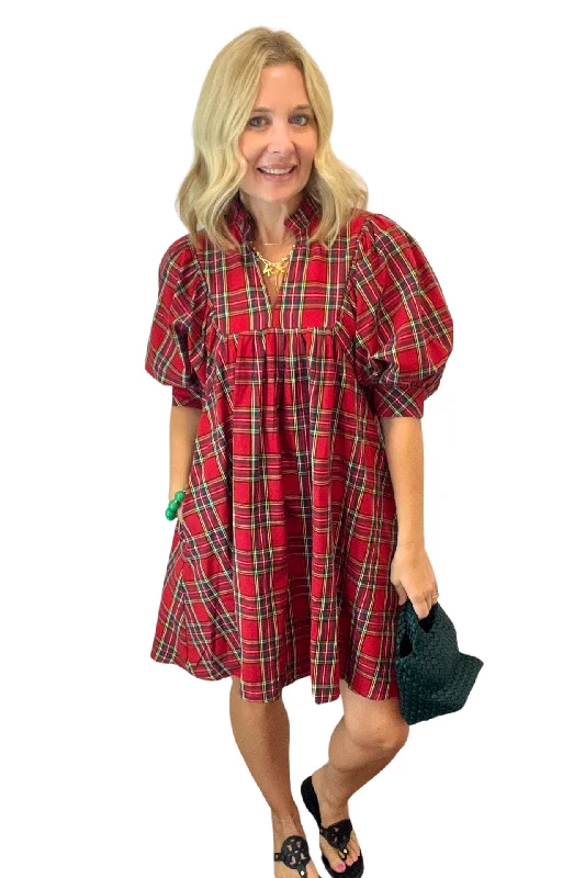 Plaid V-Neck Puff Sleeve Mini Dress Fashionable Lace Mini Dress