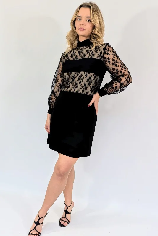 Vintage 1960s Frank Usher Long Sleeve Lace Mini Dress Stylish Ruffle Mini Dress