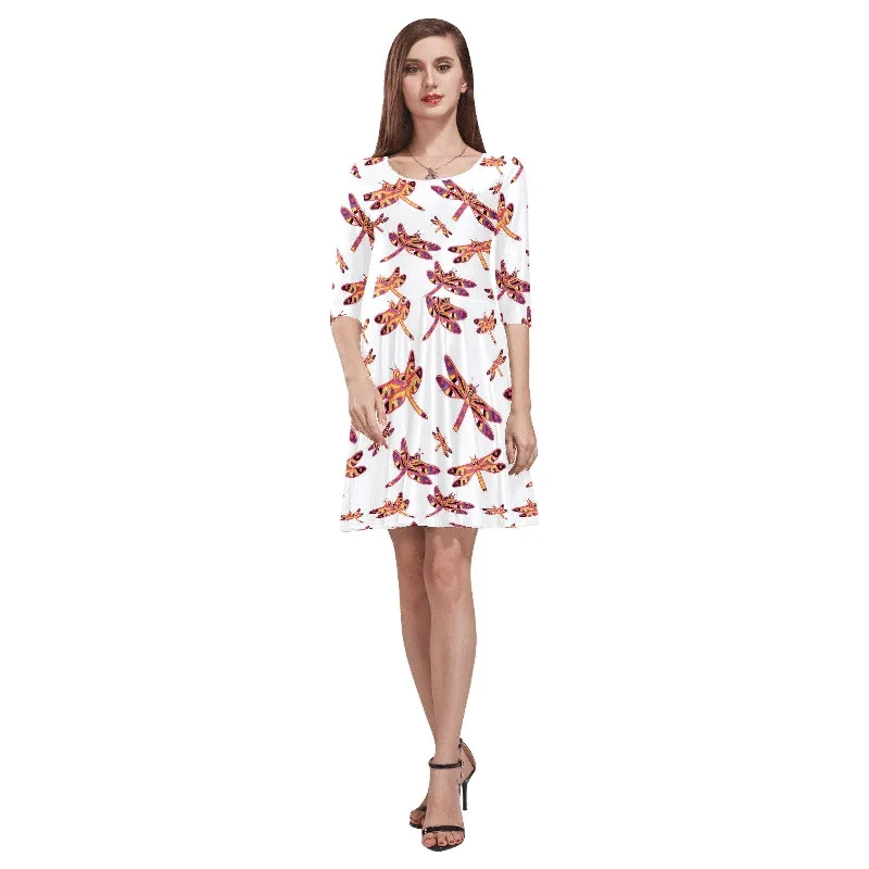 Gathering White Tethys Half-Sleeve Skater Dress Tunics stripes playful