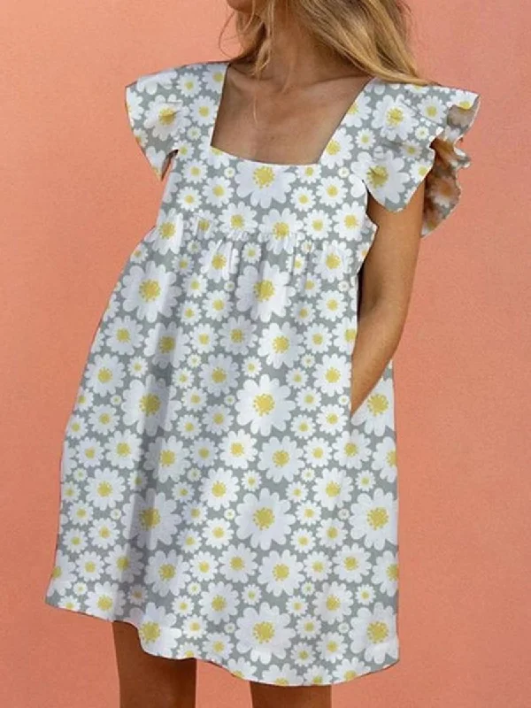 Casual High Waist Loose Daisy Print Mini Dress Fashionable Polka Dot Mini Dress
