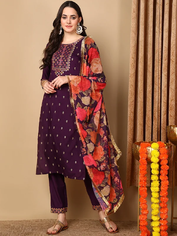 Women's Purple Silk Blend Embroidered Straight Kurta Pant Set With Dupatta - Ahika Fashionable Track Pants Women's Purple Silk Blend Embroidered Straight Kurta Pant Set With Dupatta - Ahika Fashionable Track Pants
