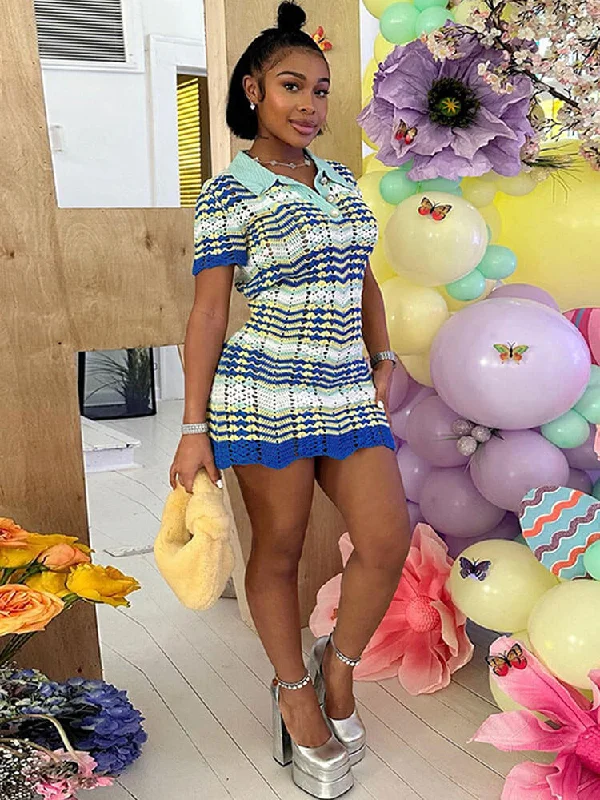 Knit Short Sleeve Color Block Mini Dress Fashionable Summer Mini Dress