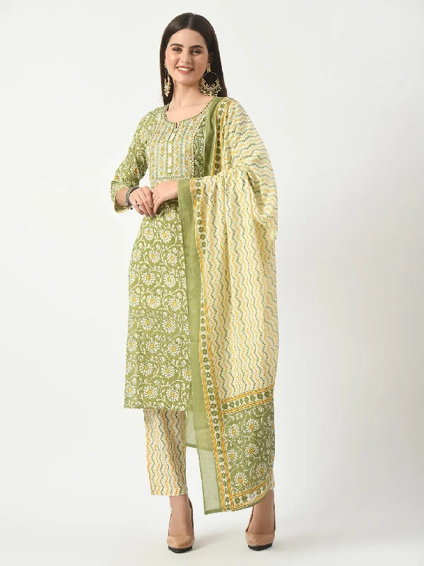 Green Printed and Embroidered Kurta Pant With Dupatta Set - Rasiya High-Waist Jeans