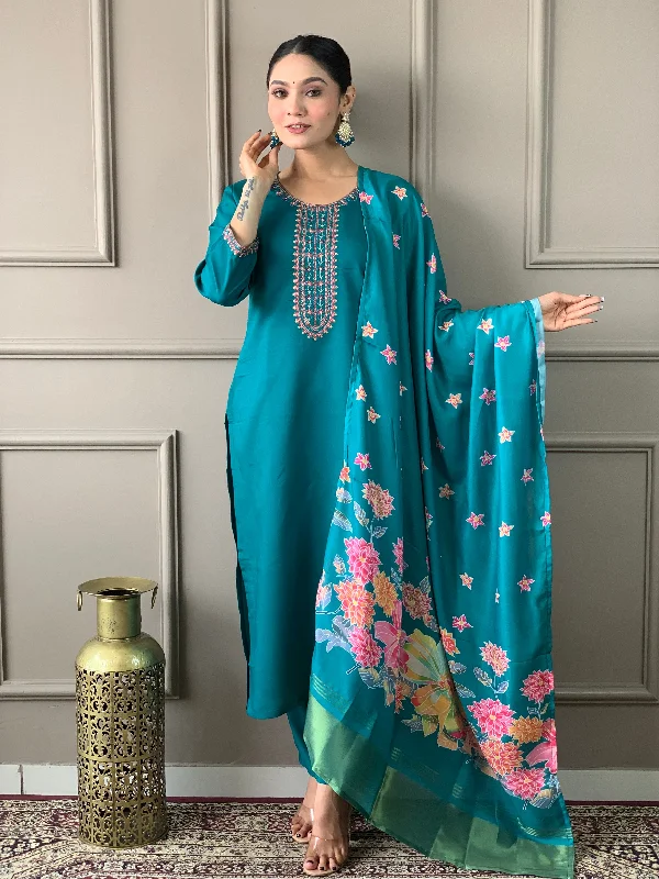 Women's Petrol Green Viscose Chanderi Embroidery Worked Kurta With Pant And Duppata Set - Dwija Fashion Comfortable Cargo Pants Women's Petrol Green Viscose Chanderi Embroidery Worked Kurta With Pant And Duppata Set - Dwija Fashion Comfortable Cargo Pants