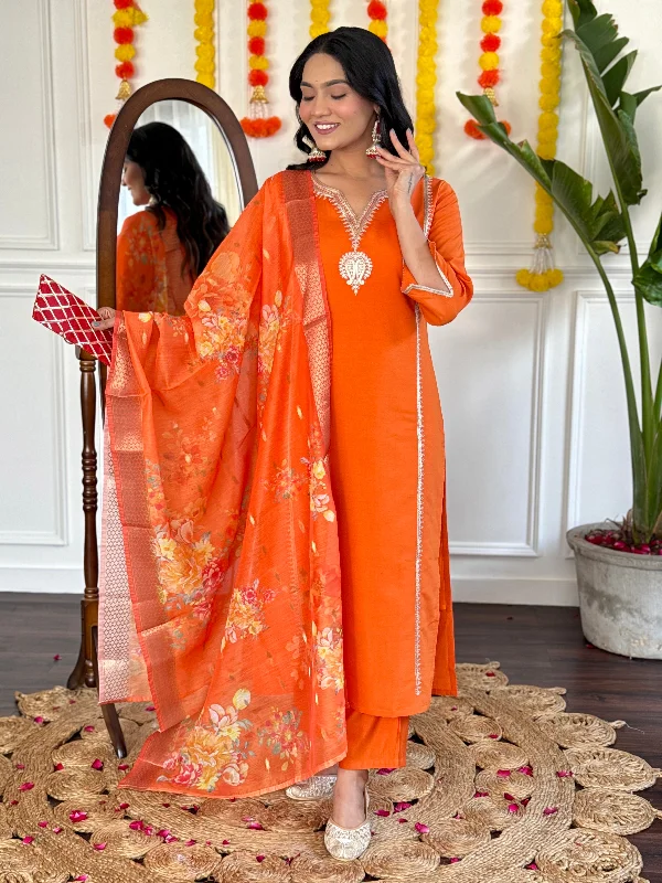 Women's Orange Embroidered Viscose Chanderi Fabric Straight Kurta, Pant And Dupatta Set - The52 Comfortable Denim Pants Women's Orange Embroidered Viscose Chanderi Fabric Straight Kurta, Pant And Dupatta Set - The52 Comfortable Denim Pants