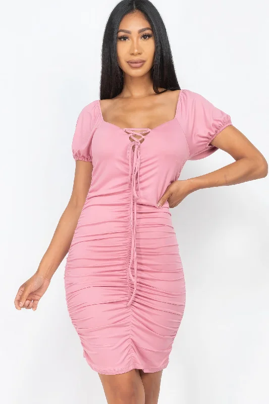 Front Lace Up Ruched Mini Dress Chic Tropical Mini Dress