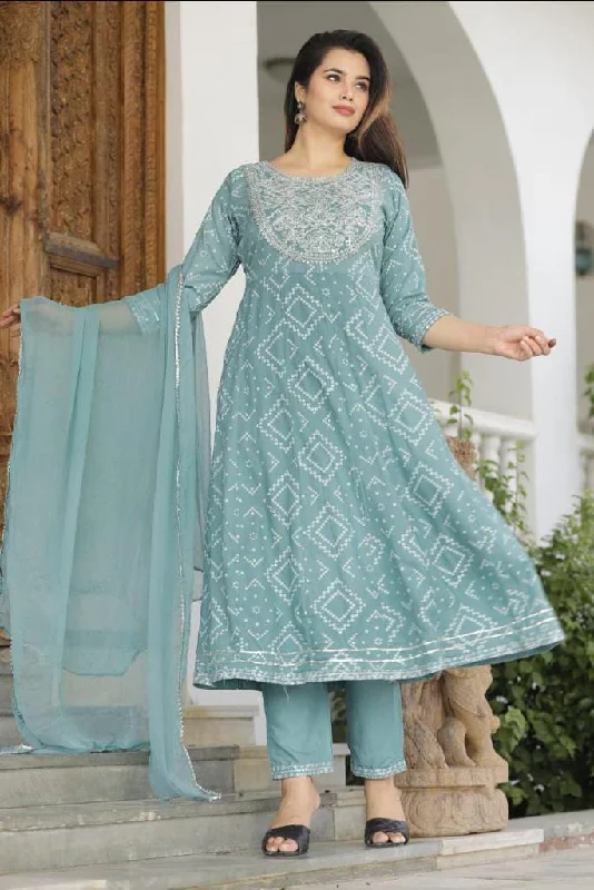 Women's Anarkali Rayon Printed Embroidered Kurta With Pants And Dupatta  - Singni Comfortable Jogger Trousers