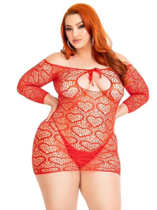 Seamless Heart Net Mini Dress in Red Cozy Jersey Mini Dress
