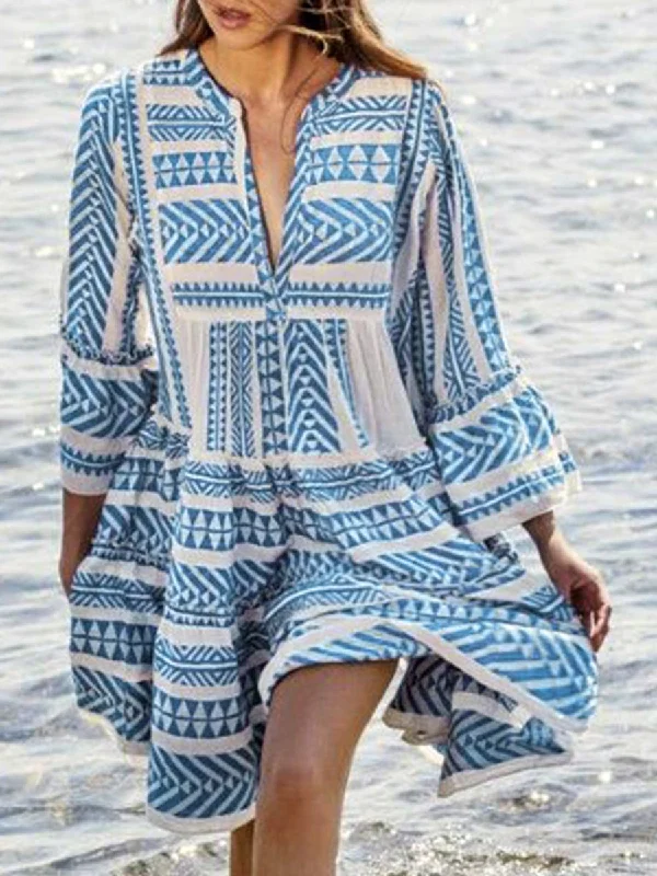 Women Vacation Loose V-Neck Geometric Print Beach Mini Dress Elegant Velvet Mini Dress
