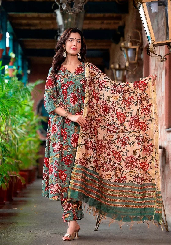 Women's Grey And red Printed Viscose Rayon Kurta, Pant And Dupatta Set - Alvami Slim Fit Casual Pants Women's Grey And red Printed Viscose Rayon Kurta, Pant And Dupatta Set - Alvami Slim Fit Casual Pants