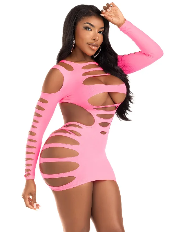 Opaque ShRedded Cut Out Mini Dress in Neon Pink Elegant Satin Lace Mini Dress