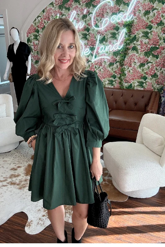 Hunter Green Bow Detail Mini Dress Cozy Ribbed Mini Dress