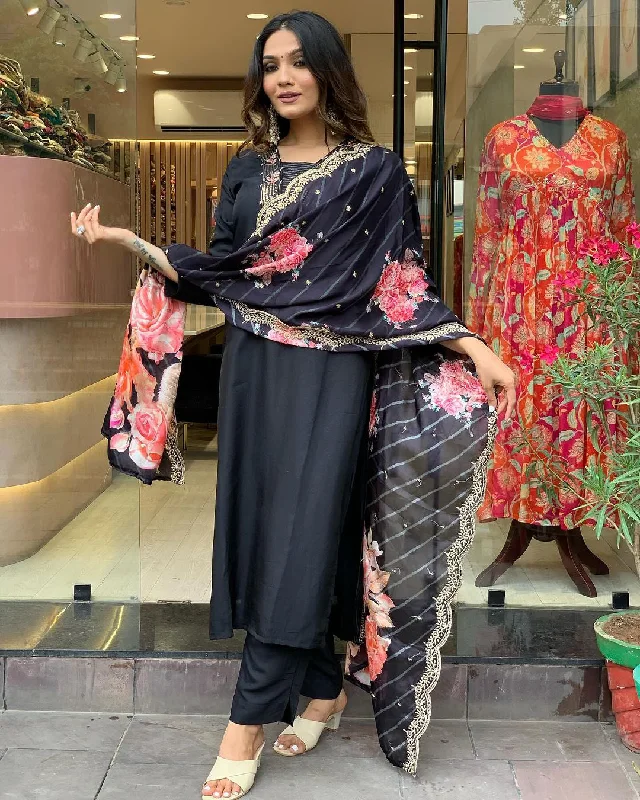 Women's Black Chanderi Embroidery Work Kurta With Pant And Duppata Set - Dwija Fashion Relaxed Lounge Trousers Women's Black Chanderi Embroidery Work Kurta With Pant And Duppata Set - Dwija Fashion Relaxed Lounge Trousers