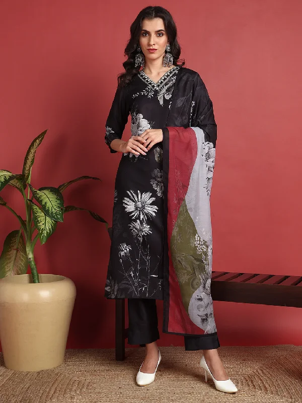 Women's Black Silk Blend Printed Straight Kurta Pant Set With Dupatta - Ahika Soft Stretch Pants Women's Black Silk Blend Printed Straight Kurta Pant Set With Dupatta - Ahika Soft Stretch Pants