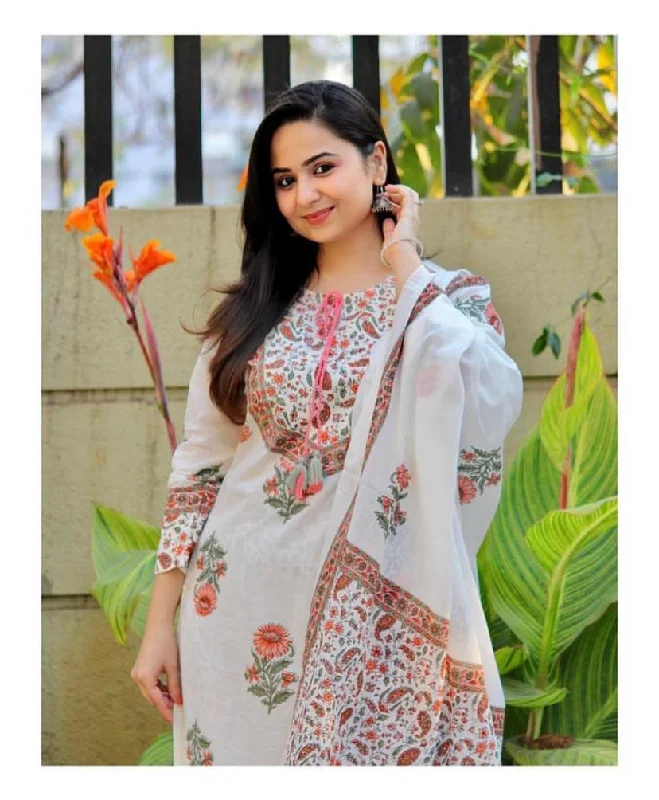Women's White Printed Pure Cotton Kurta, Pant And Dupatta Set - Alvami Relaxed Linen Pants Women's White Printed Pure Cotton Kurta, Pant And Dupatta Set - Alvami Relaxed Linen Pants