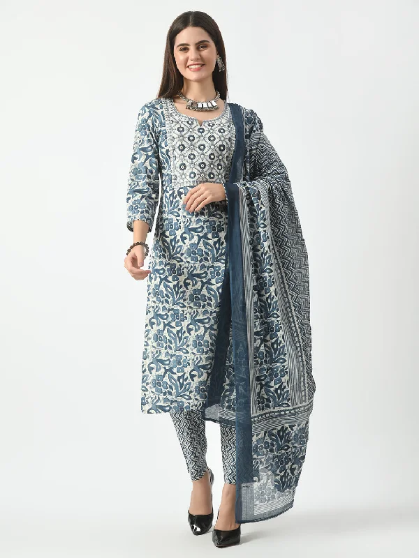 Blue Printed and Embroidered Kurta Pant With Dupatta Set - Rasiya Elegant Dress Pants