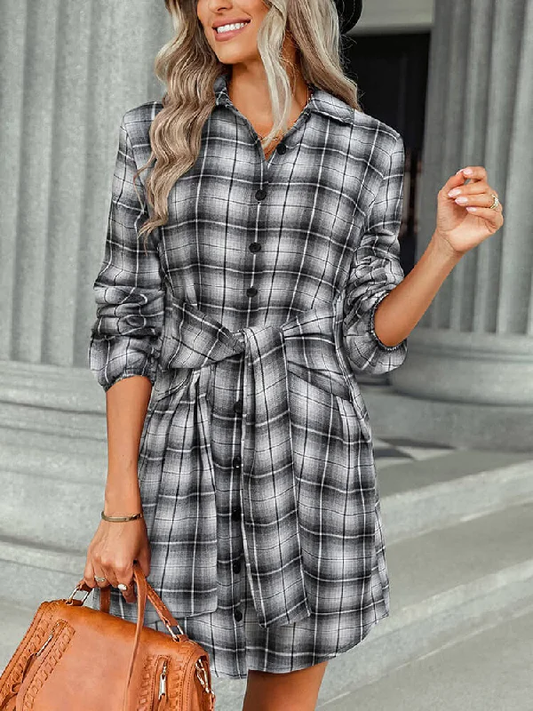 Long Sleeve Plaid Lace Up Shirt Mini Dresses Trendy Bodycon Mini Dress