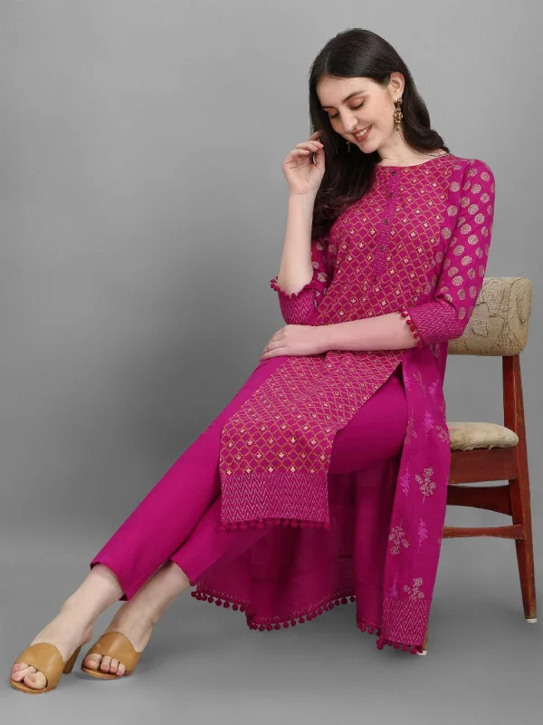 Women's Floral Printed Knee Length A-Line Cotton Blend Kurti And Pant Set (Rani) - Modestouze Attires Classic Straight-Leg Pants
