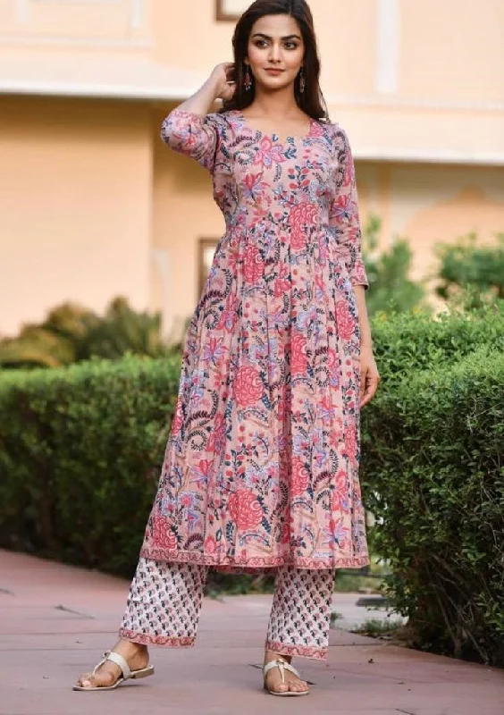 Women's Pink Printed Viscose Rayon Kurta And Pant Set - Alvami Classic Straight-Leg Pants Women's Pink Printed Viscose Rayon Kurta And Pant Set - Alvami Classic Straight-Leg Pants