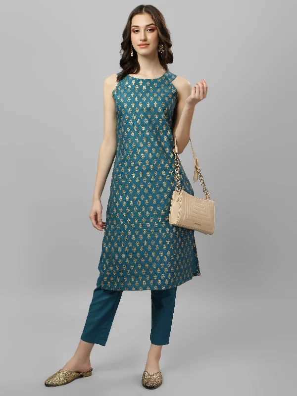 Women's Floral Printed Boat Neck Sleeveless Coton Blend Kurti And Pant Set (Teal) - Modestouze Attires Classic Stretch Pants Women's Floral Printed Boat Neck Sleeveless Coton Blend Kurti And Pant Set (Teal) - Modestouze Attires Classic Stretch Pants