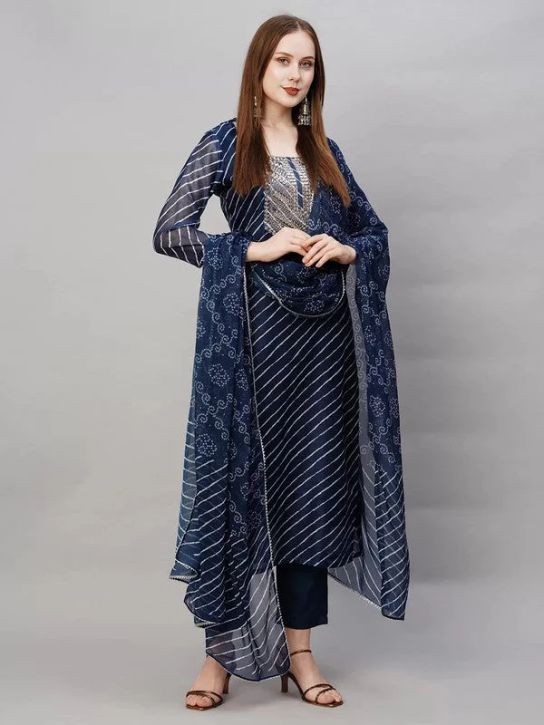 Women's Navy Viscose Cotton Leheriya Printed & Embroidery Kurta Pant Set With Dupatta - Malishka Export Formal Wide-Leg Pants Women's Navy Viscose Cotton Leheriya Printed & Embroidery Kurta Pant Set With Dupatta - Malishka Export Formal Wide-Leg Pants