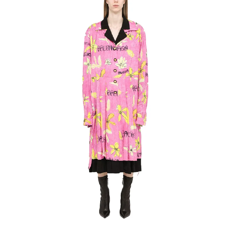 Balenciaga Women's Reversible Jacquard Floral Mini Dress in Pink and Black Chic Bohemian Mini Dress Balenciaga Women's Reversible Jacquard Floral Mini Dress in Pink and Black Chic Bohemian Mini Dress