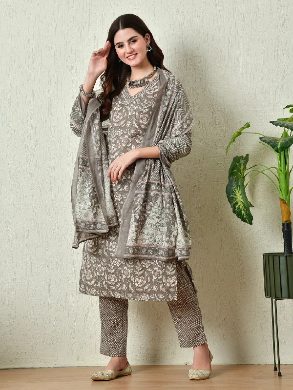 Women's Grey Printed Straight Kurta Pant With Dupatta Set - Rasiya Formal Stretch Pants