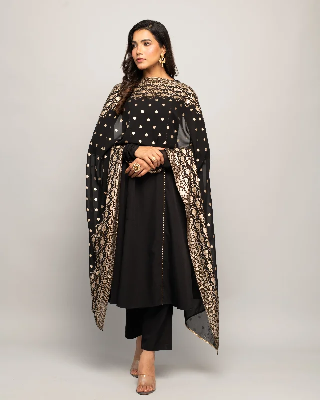 Women's Black Creap A-Line Kurta Pant With dupatta - Fiorra High-Waist Yoga Pants