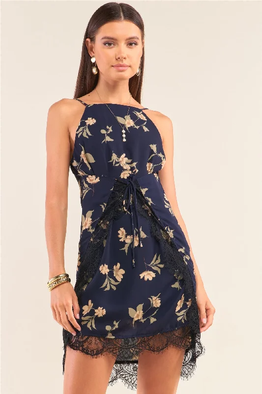 Navy Multi Floral Halter Neck Sleeveless Front Self-tie Lace Trim Slip Mini Dress Cozy Cotton Mini Dress