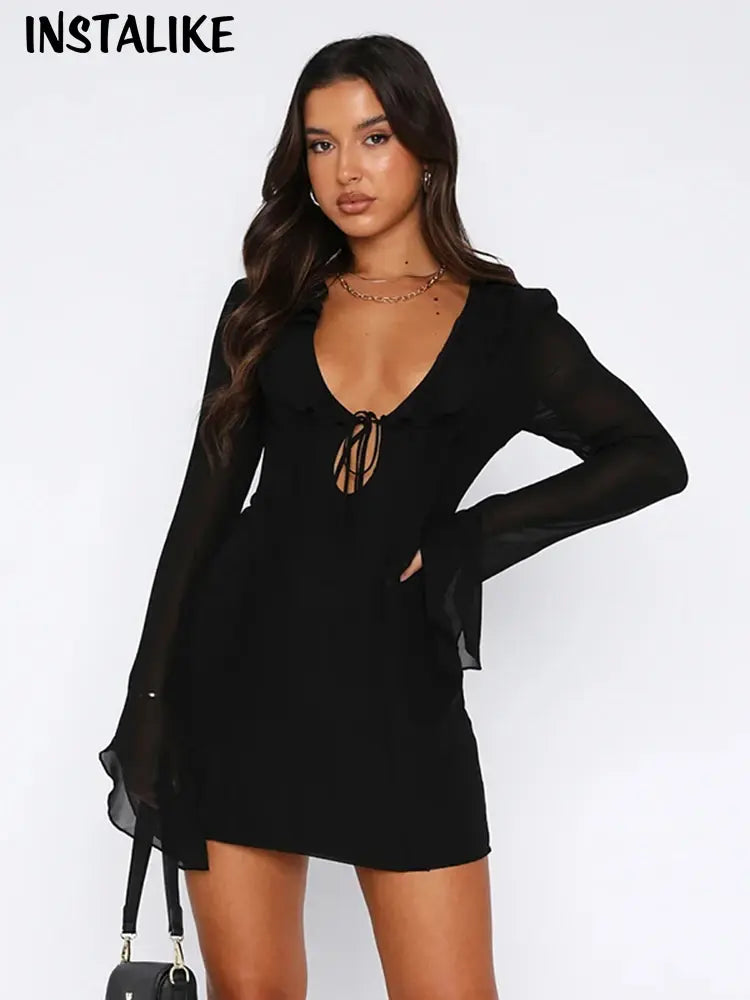 Hollow Out Flare Sleeve Mini Dress Trendy Mini Dress with Belt