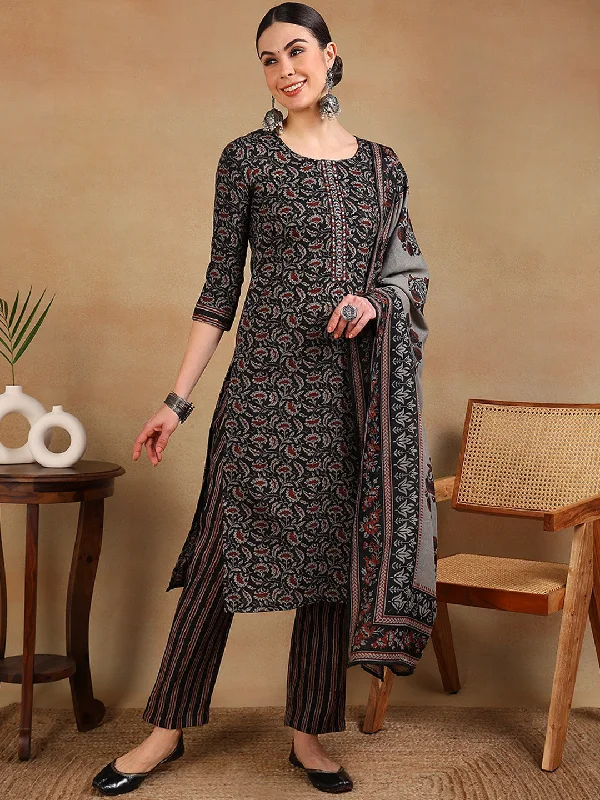 Women's Black Viscose Rayon Embroidered Straight Kurta Pant Set With Dupatta - Ahika Comfy Athletic Pants Women's Black Viscose Rayon Embroidered Straight Kurta Pant Set With Dupatta - Ahika Comfy Athletic Pants