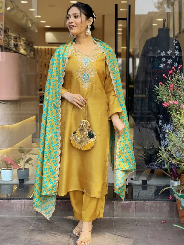 Women's Mustard Viscose Embroidery Kurta With Pant And Duppata Set - Dwija Fashion Soft Stretch Leggings