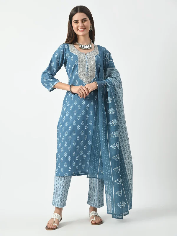 Blue Printed and Embroidered Kurta Pant With Dupatta Set - Rasiya Elegant High-Waist Pants