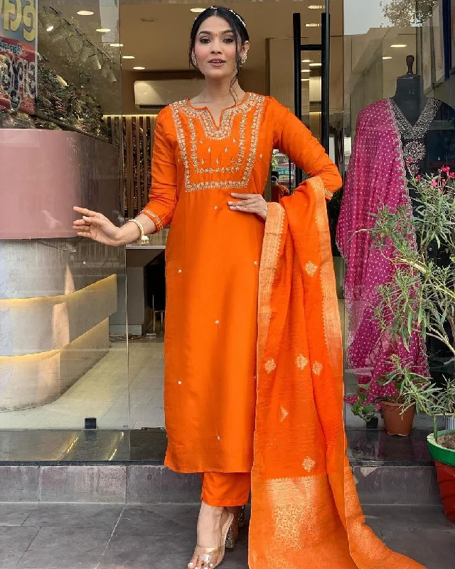 Women's Embroidered Viscose Chanderi Fabric Straight Kurta, Pant And Dupatta Set - The52 Fashionable Sporty Pants Women's Embroidered Viscose Chanderi Fabric Straight Kurta, Pant And Dupatta Set - The52 Fashionable Sporty Pants