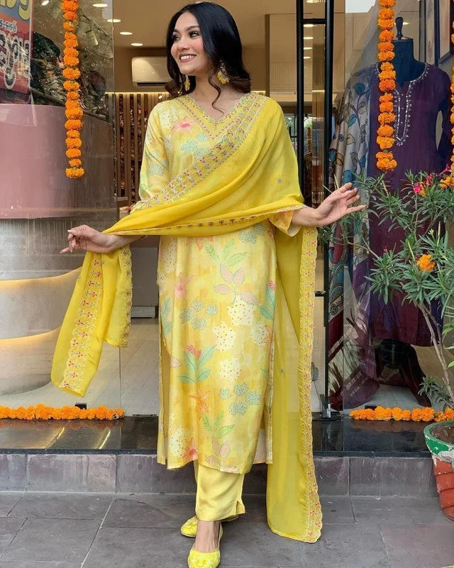 Women's Embroidered Viscose Muslin Kurti With Pant & Dupatta Set - Malishka Export High-Waist Trousers Women's Embroidered Viscose Muslin Kurti With Pant & Dupatta Set - Malishka Export High-Waist Trousers