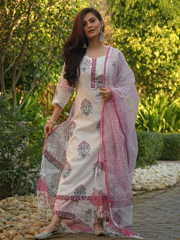 Women's White Printed Pure Cotton Kurta And Pant Set - Alvami Stylish Elastic Waist Pants