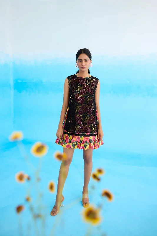 Black Rose Printed Mini Dress Cozy Ruched Mini Dress