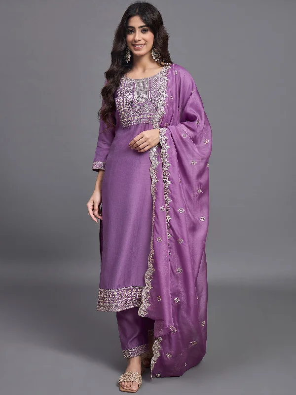 Women's Pink Embroidery Silk Kurta And Pant Set With Dupatta - Alvami Relaxed Fit Trousers Women's Pink Embroidery Silk Kurta And Pant Set With Dupatta - Alvami Relaxed Fit Trousers
