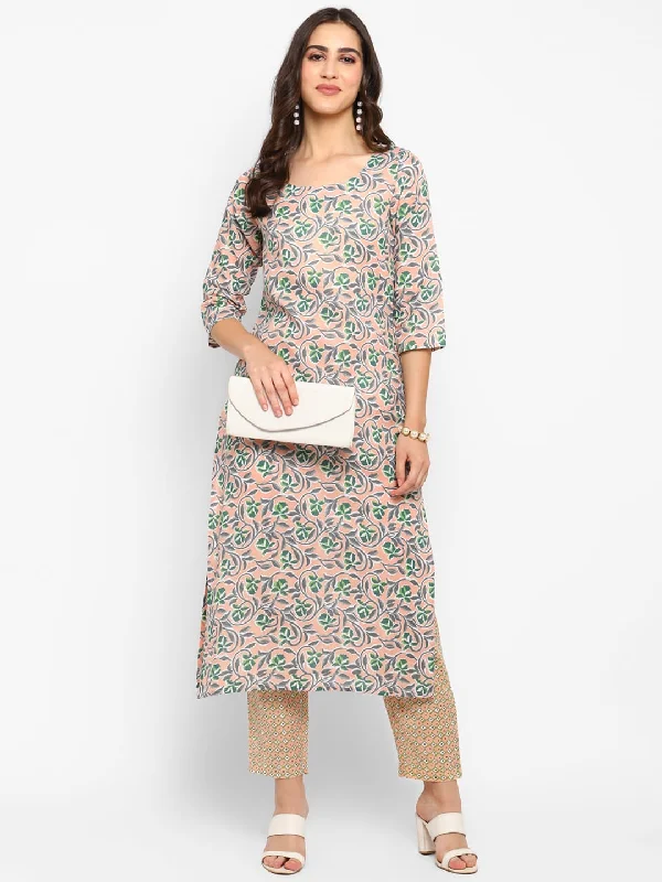 Women Peach Printed Kurta Pant Set - Rasiya Wide-Legged Palazzos