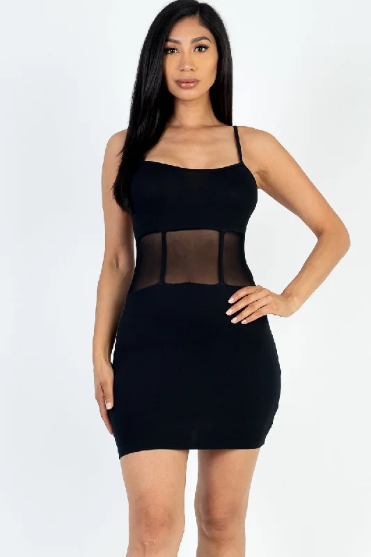 Cami Bodycon Mini Dress with Mesh Panels Trendy Lace Mini Dress