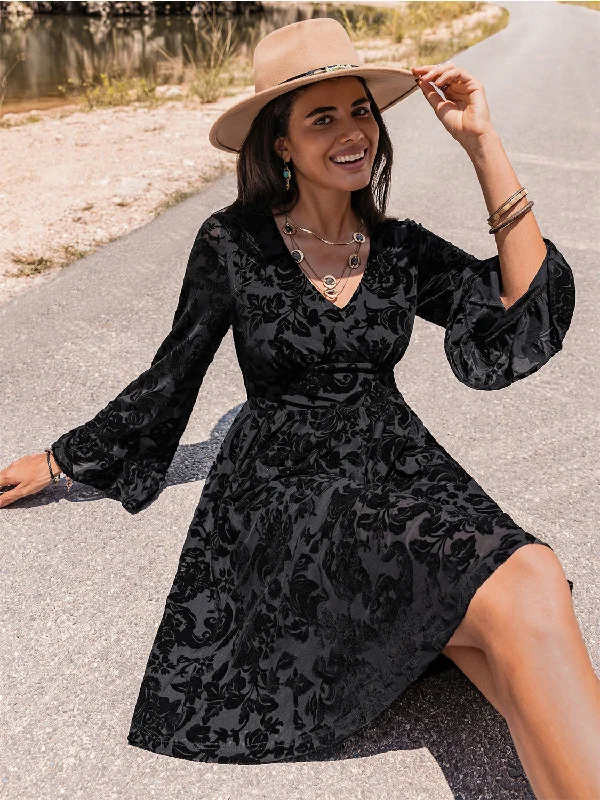 Floral V-Neck Flare Sleeve Mini Dress Elegant Satin Mini Dress